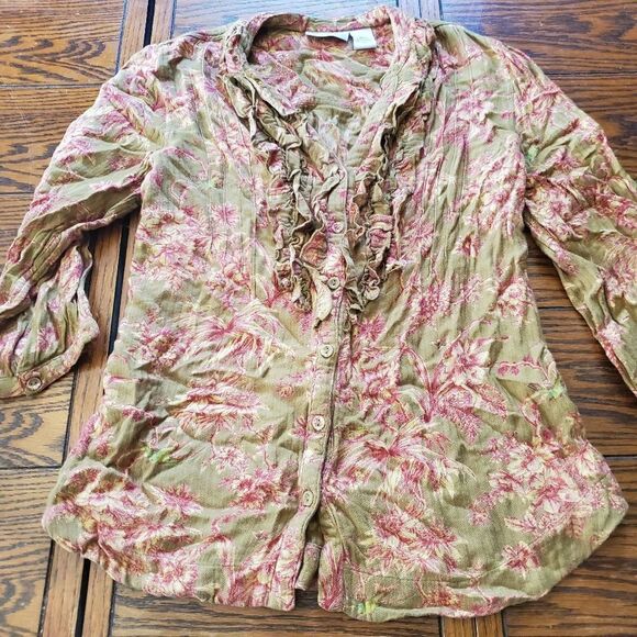 Soft surroundings green&pink ruffle front blouse - Picture 1 of 3